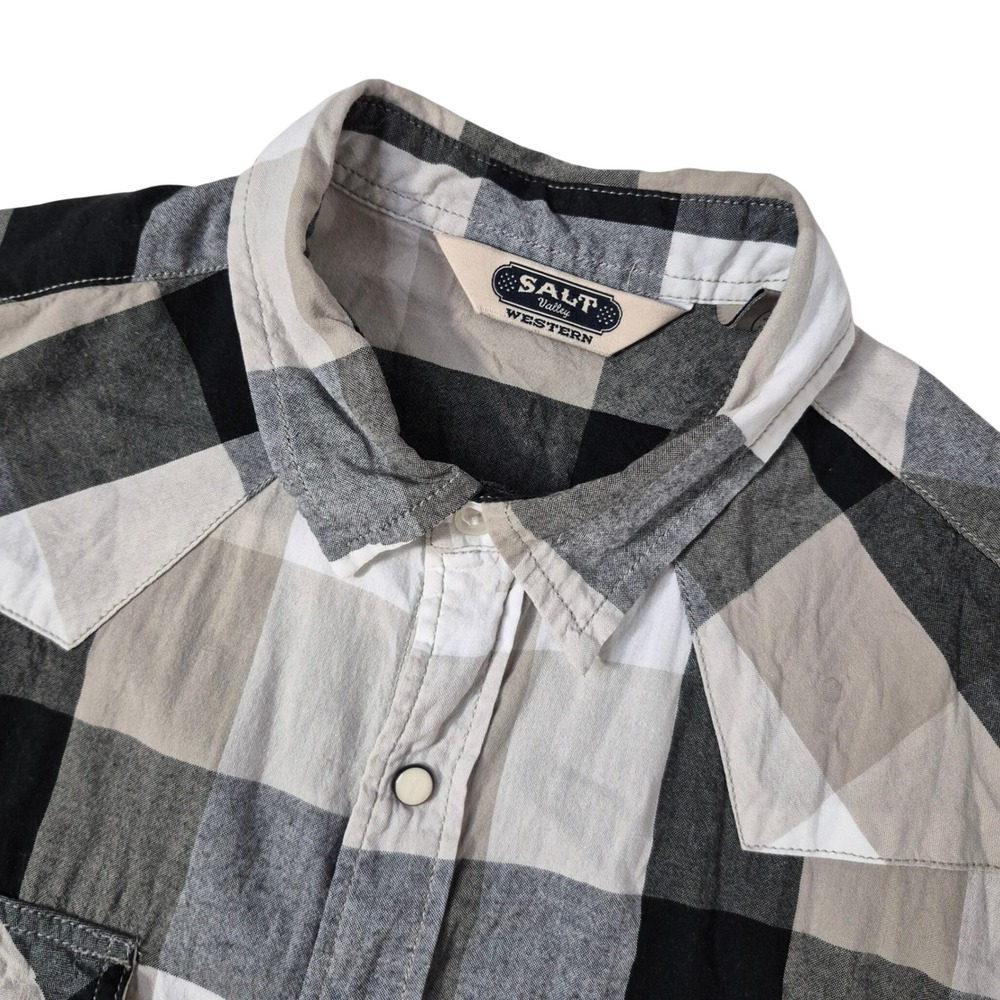 Salt Valley Western Shirt Mens M Short Sleeve Plaid Black Grey Snap Button Shirt